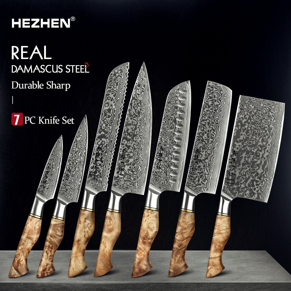 HEZHEN 7PCS Kitchen Knives Set Professional Forging Damascus High Carbon  Steel Chef Knife Santoku Bread Knife Utility Knife Fruit Knife 3cr14