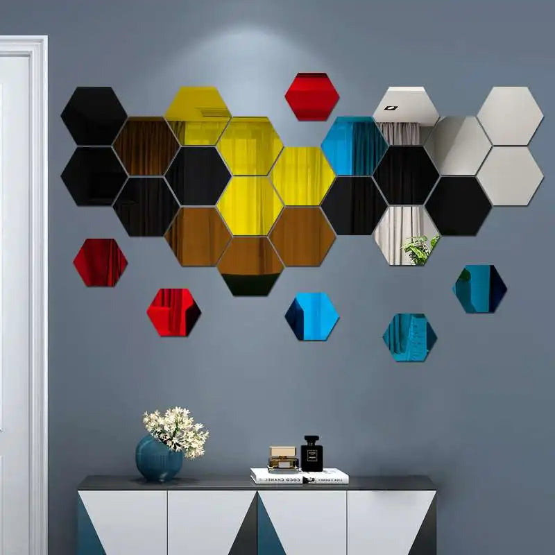 6/12pcs 3D Hexagon Mirror Wall Sticker