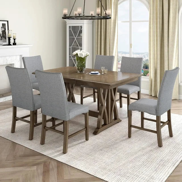 7 Piece Dining Table Set, Extendable Tables with 6 Upholstered Chairs