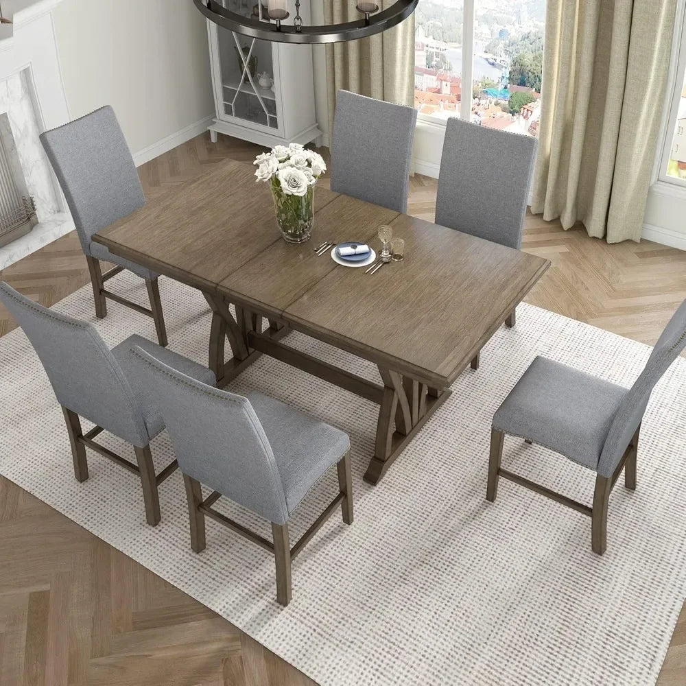 7 Piece Dining Table Set, Extendable Tables with 6 Upholstered Chairs