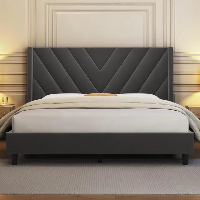 Modern Bed Frame, Upholstered Platform with Wing