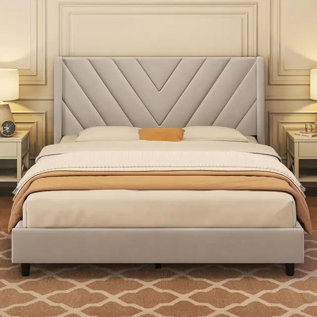 Modern Bed Frame, Upholstered Platform with Wing