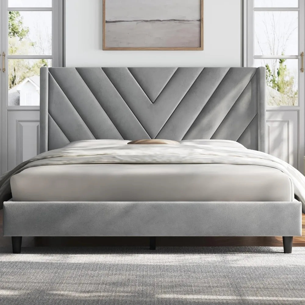 Modern Bed Frame, Upholstered Platform with Wing