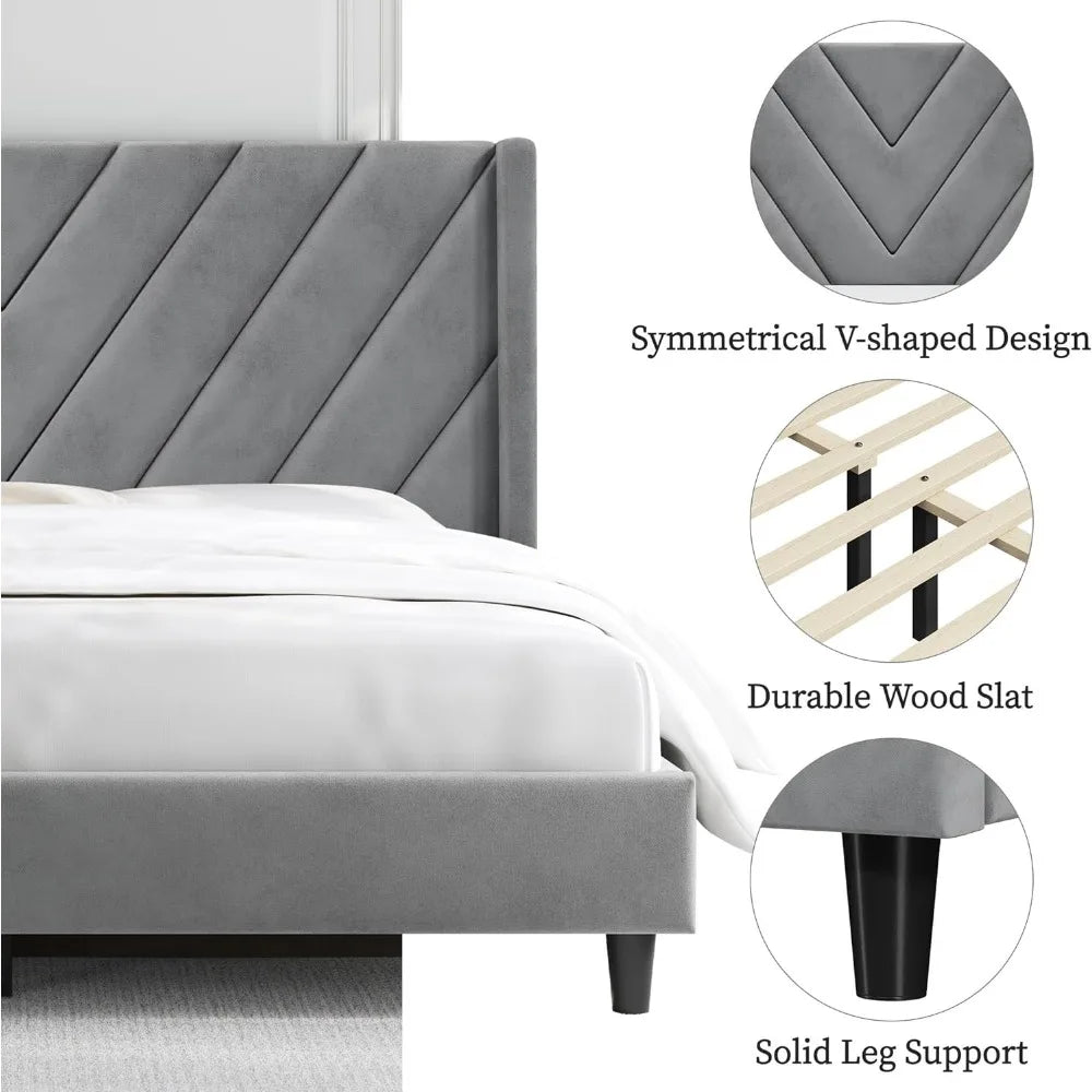 Modern Bed Frame, Upholstered Platform with Wing