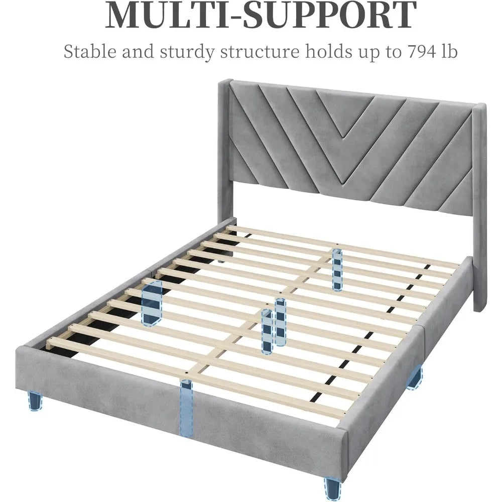 Modern Bed Frame, Upholstered Platform with Wing