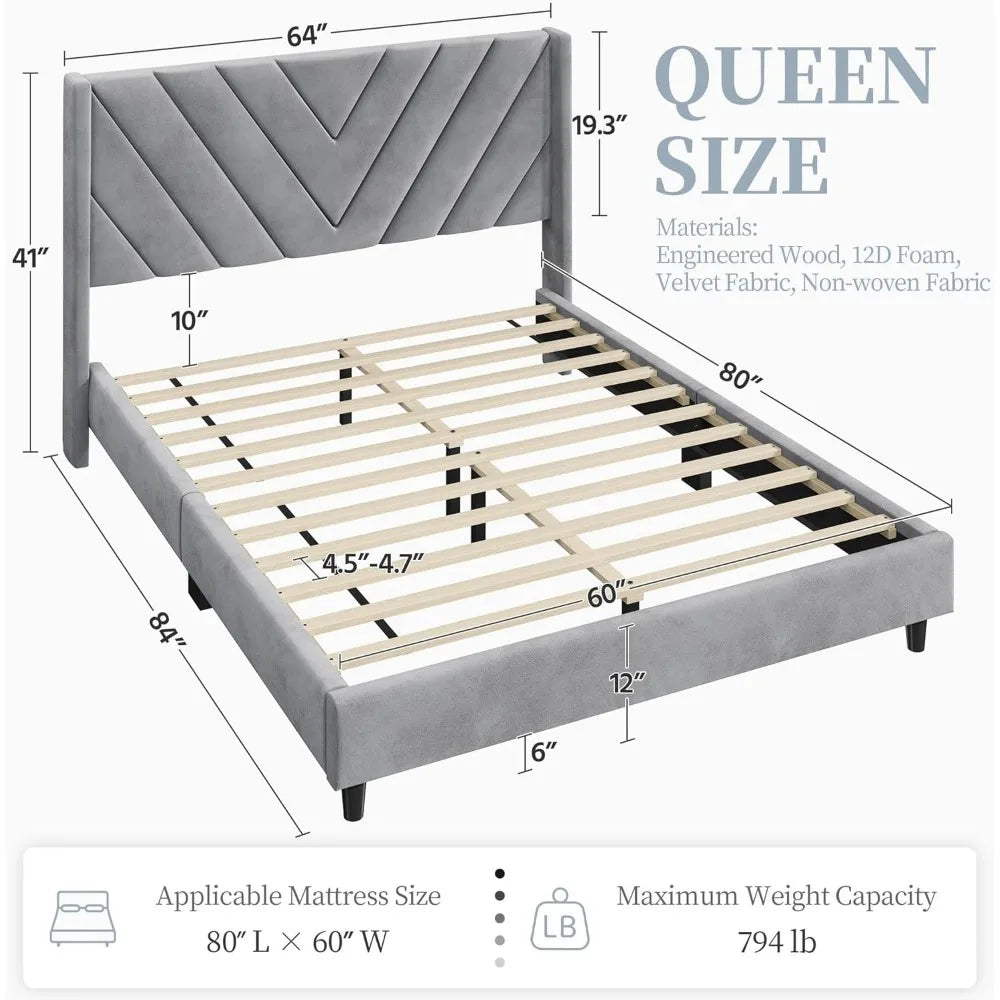 Modern Bed Frame, Upholstered Platform with Wing