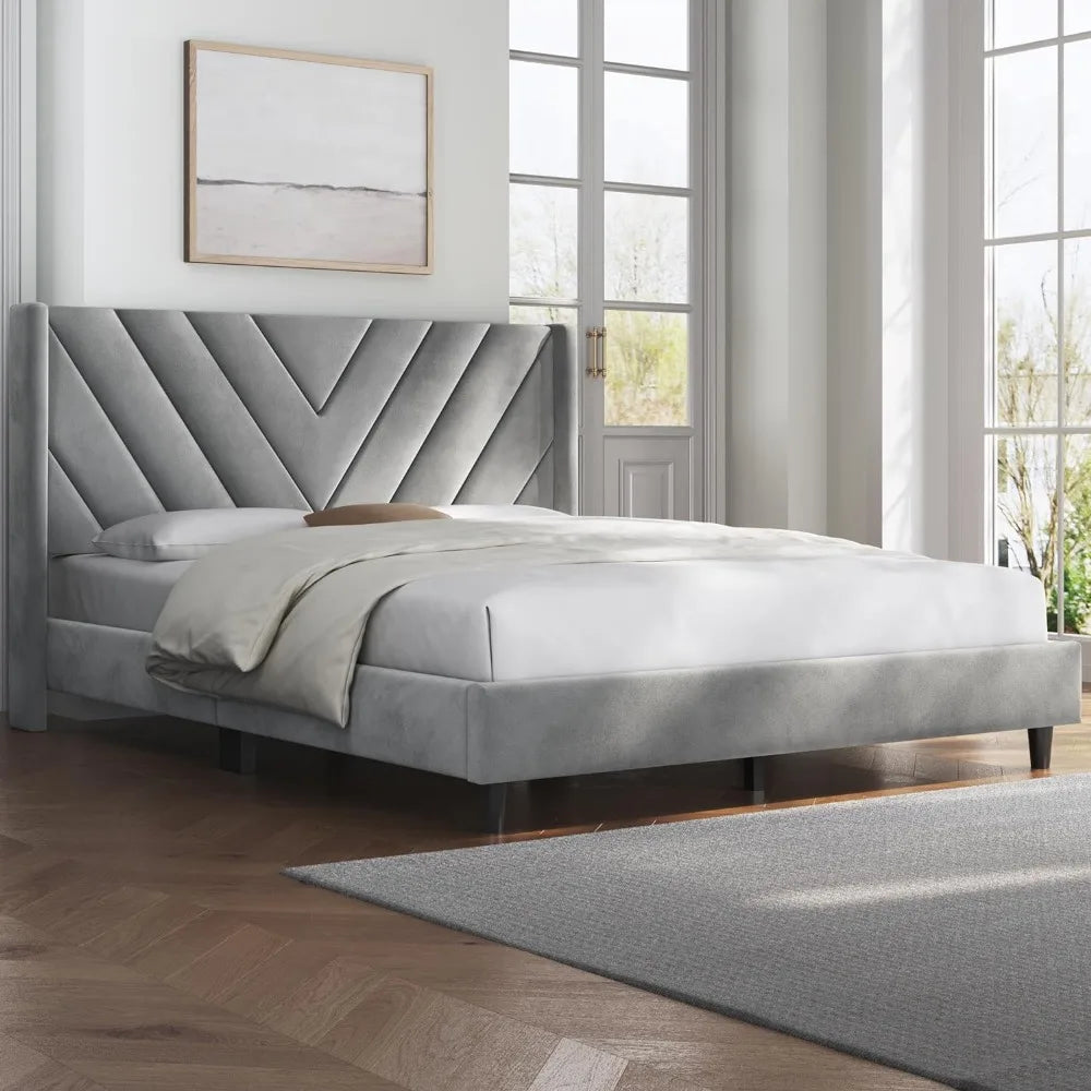 Modern Bed Frame, Upholstered Platform with Wing