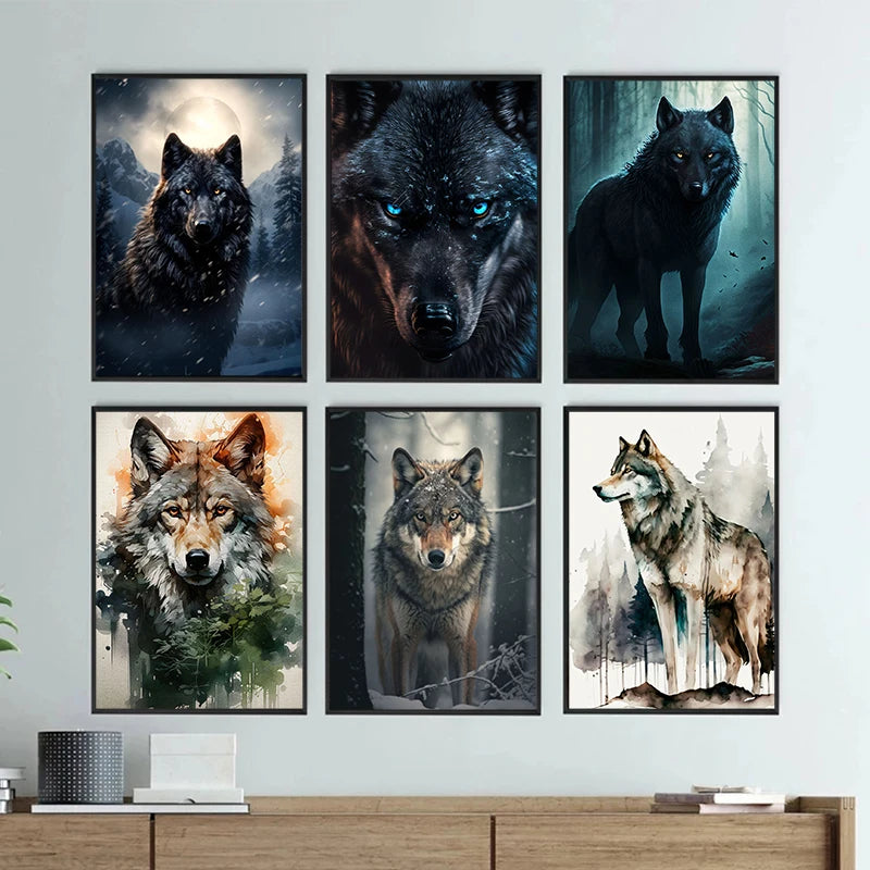 Black Wolf Painting Canvas Poster