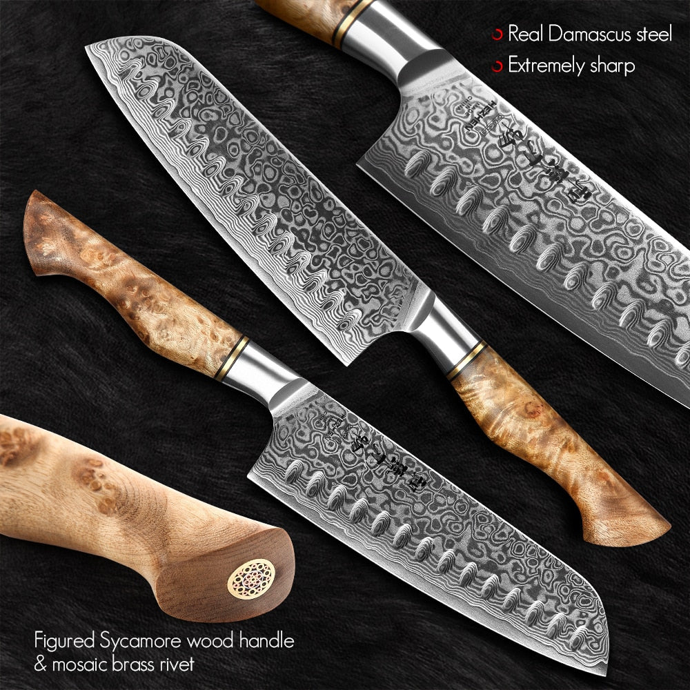 HEZHEN 7pcs Kitchen Knives Set Professional Forging Damascus High Carbon Steel Chef Knife Santoku Bread Knife Utility Knife Fruit Knife 3cr14