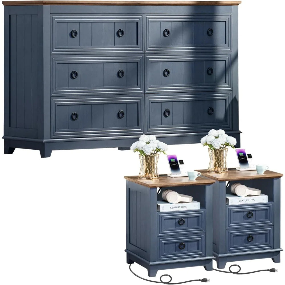 Farmhouse Furniture Set, 2 Nightstands 58 Inch Wide Wood Dresser