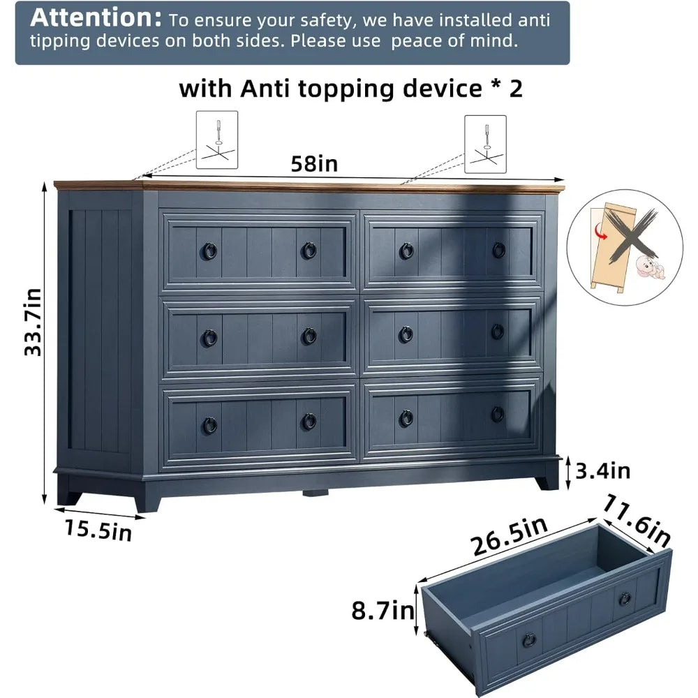 Farmhouse Furniture Set, 2 Nightstands 58 Inch Wide Wood Dresser