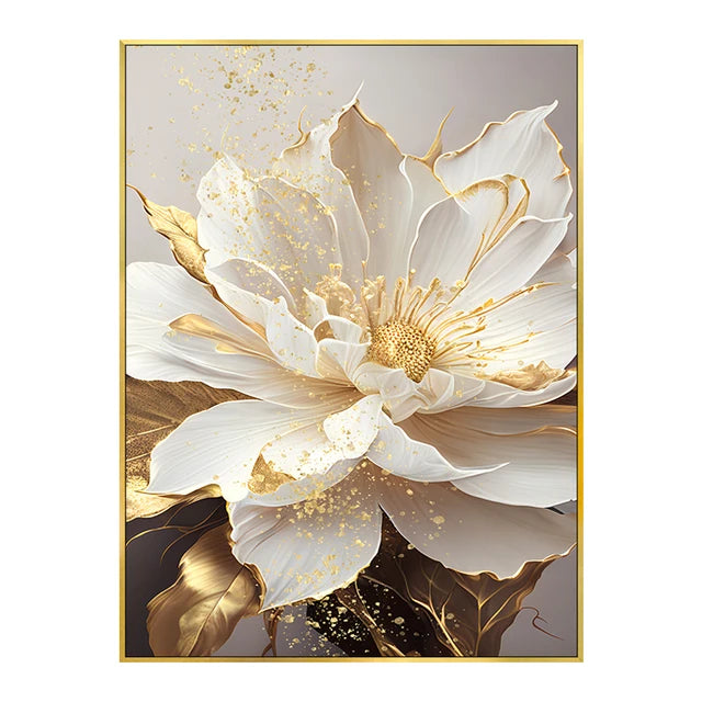 Gold Leaf White Flowers Modern Canvas