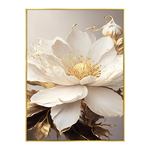 Gold Leaf White Flowers Modern Canvas