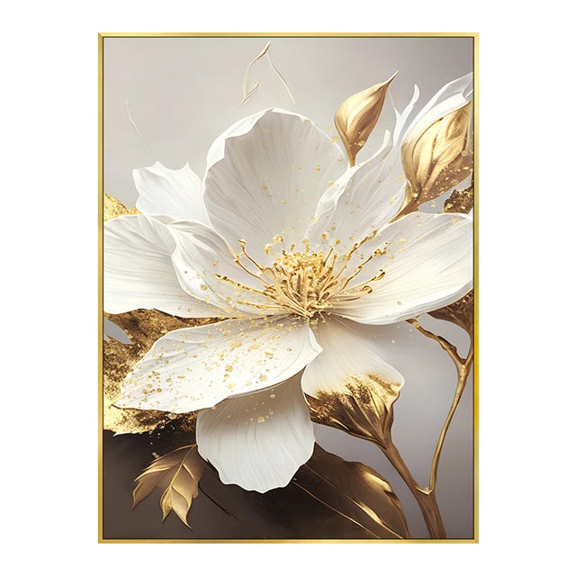 Gold Leaf White Flowers Modern Canvas