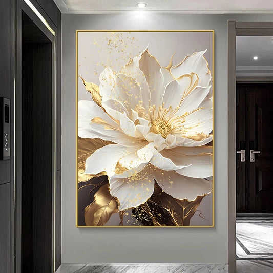 Gold Leaf White Flowers Modern Canvas