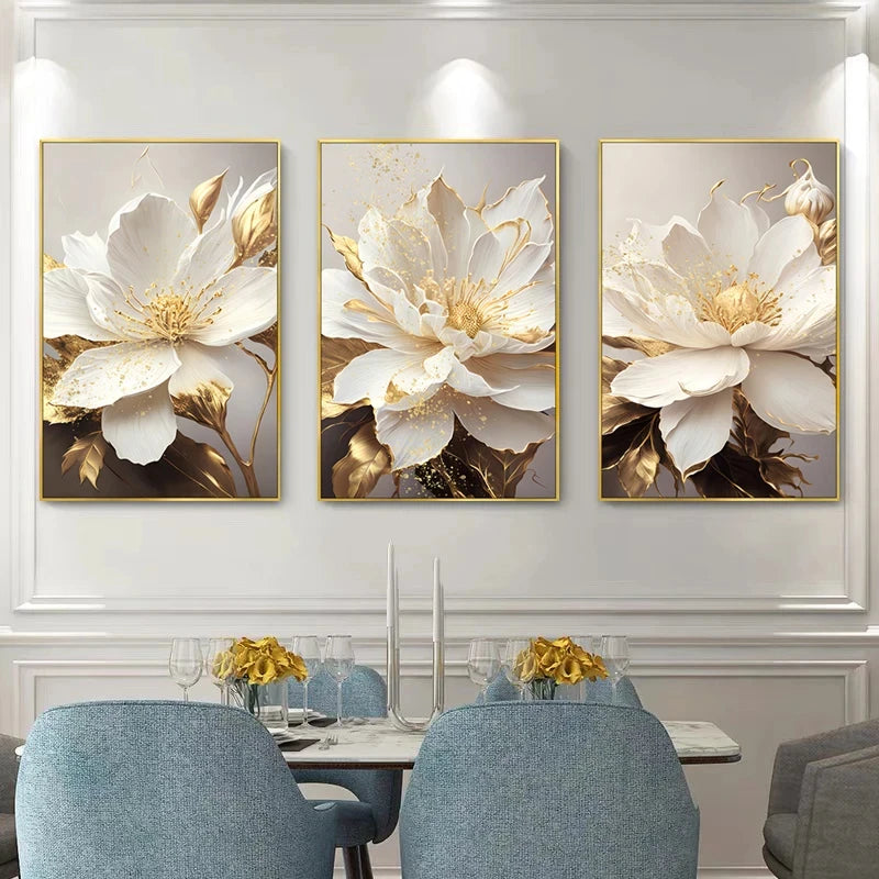 Gold Leaf White Flowers Modern Canvas