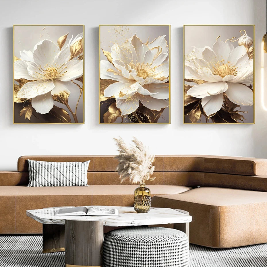 Gold Leaf White Flowers Modern Canvas