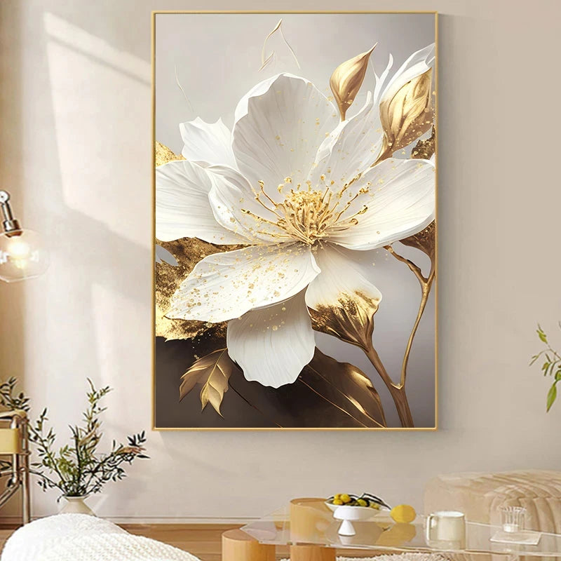 Gold Leaf White Flowers Modern Canvas