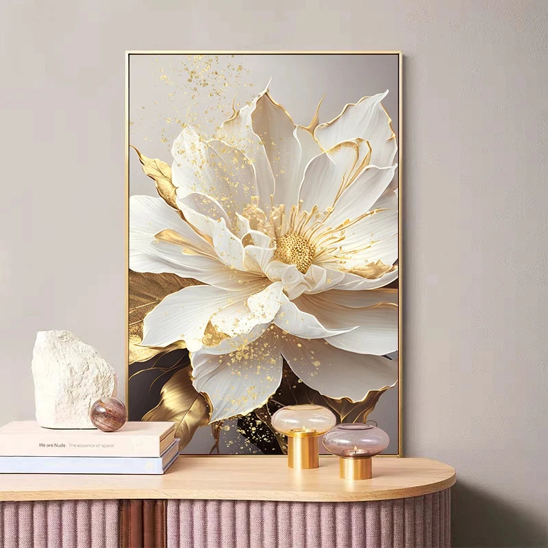 Gold Leaf White Flowers Modern Canvas