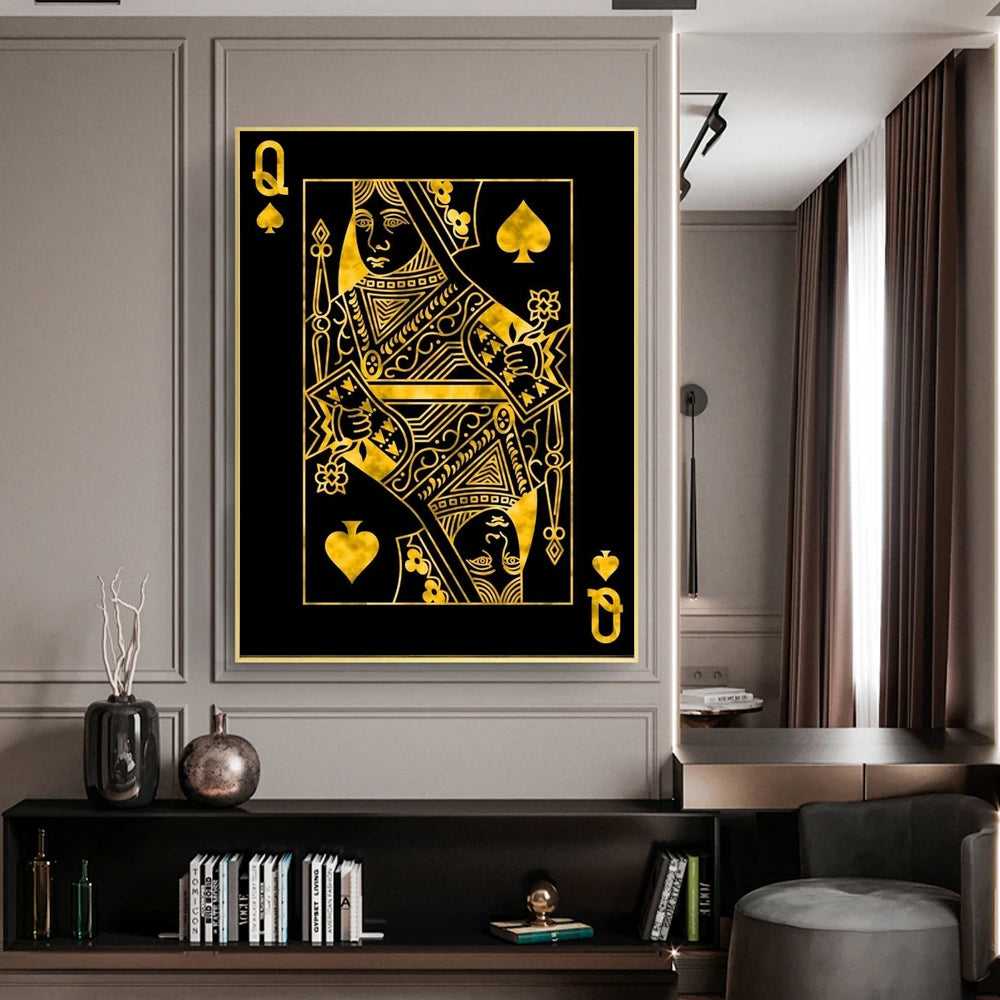 Gold Queen King Poker Black Wall Prints