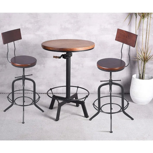 Industrial Pub Table 23.65" Round Wood Top Adjustable Height 33.5"-39.4" with Handle Black Bar Table