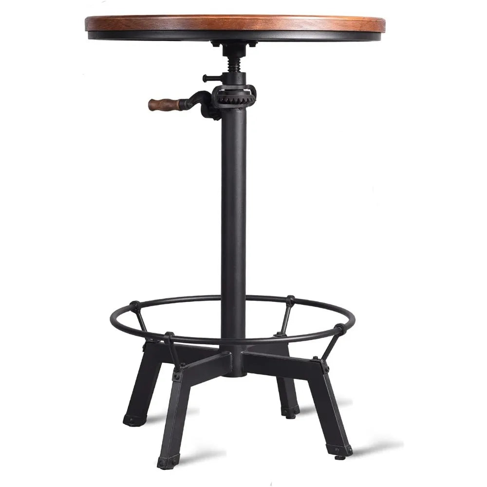 Industrial Pub Table 23.65" Round Wood Top Adjustable Height 33.5"-39.4" with Handle Black Bar Table