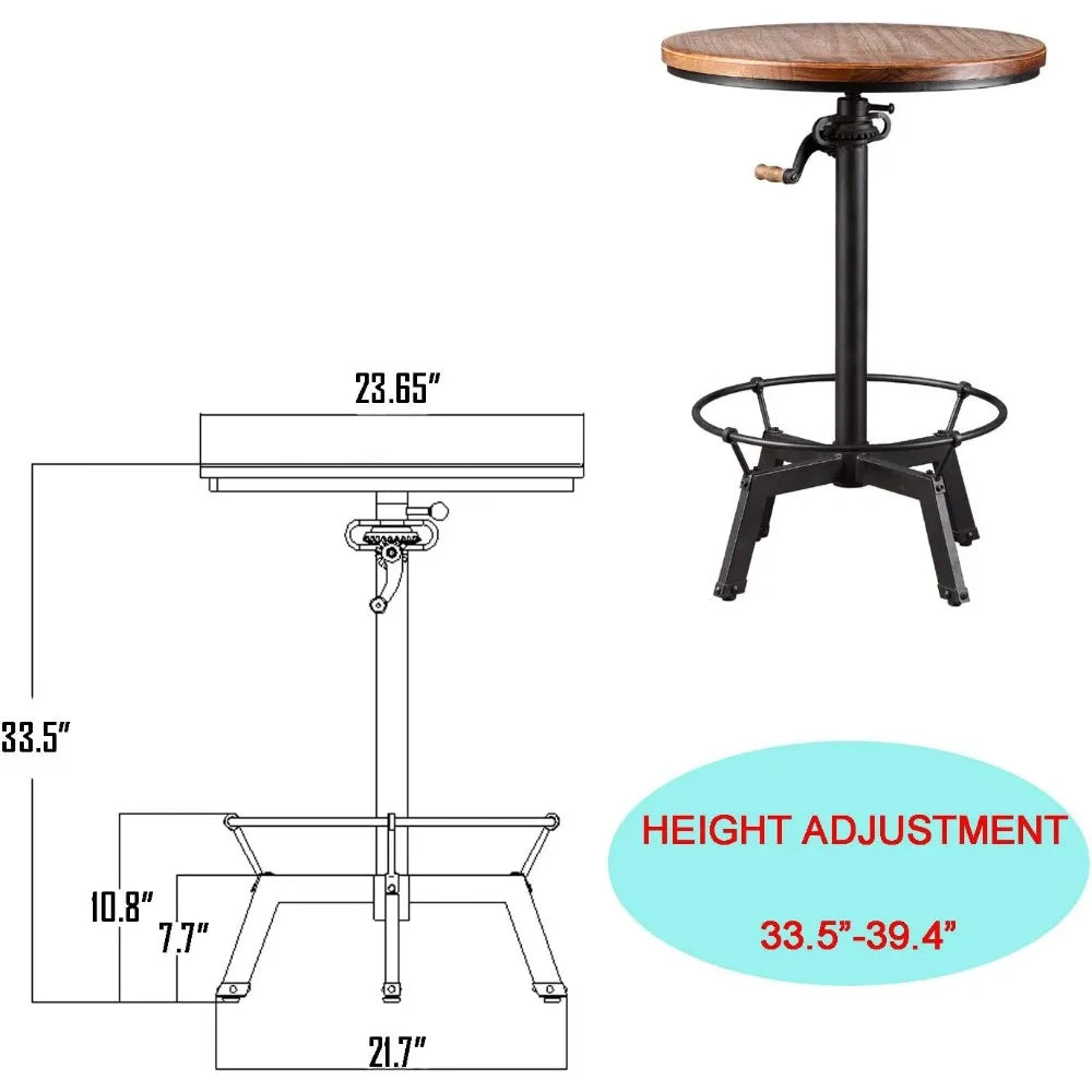 Industrial Pub Table 23.65" Round Wood Top Adjustable Height 33.5"-39.4" with Handle Black Bar Table