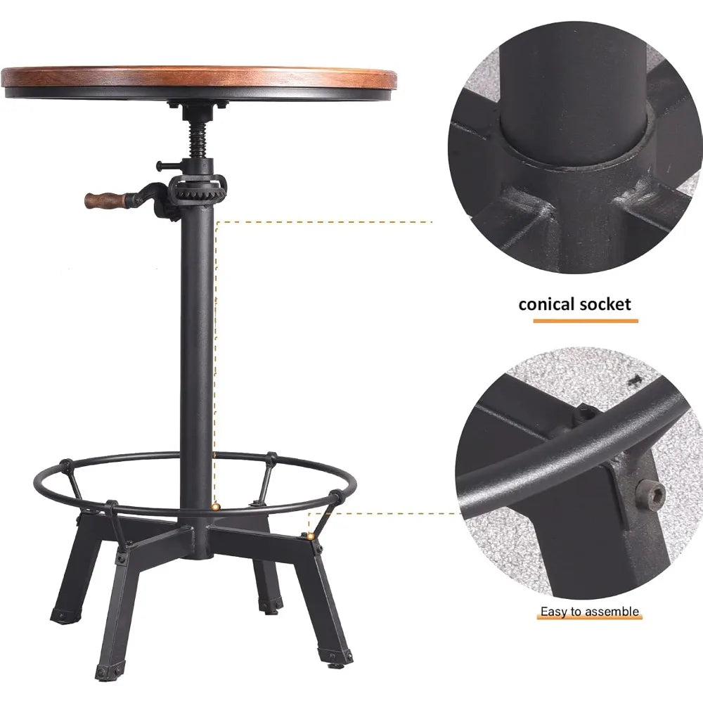 Industrial Pub Table 23.65" Round Wood Top Adjustable Height 33.5"-39.4" with Handle Black Bar Table