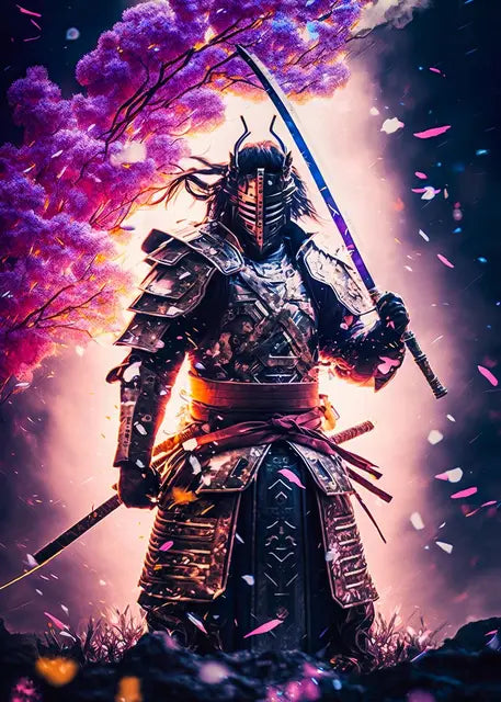 Japanese Black Samurai Sakura Warrior Posters