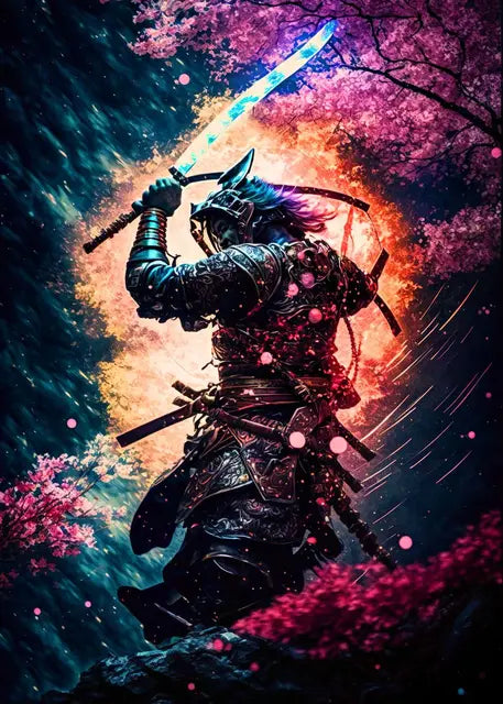 Japanese Black Samurai Sakura Warrior Posters