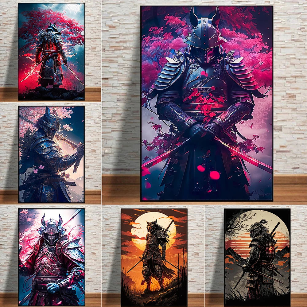 Japanese Black Samurai Sakura Warrior Posters