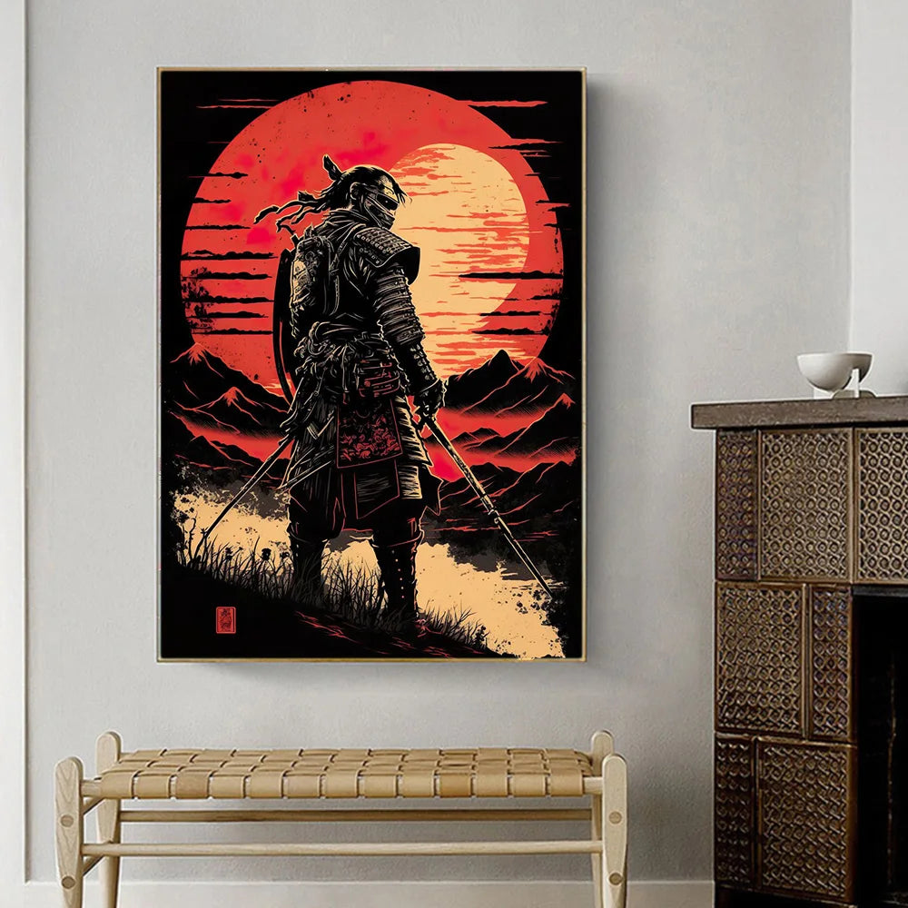 Japanese Black Samurai Sakura Warrior Posters