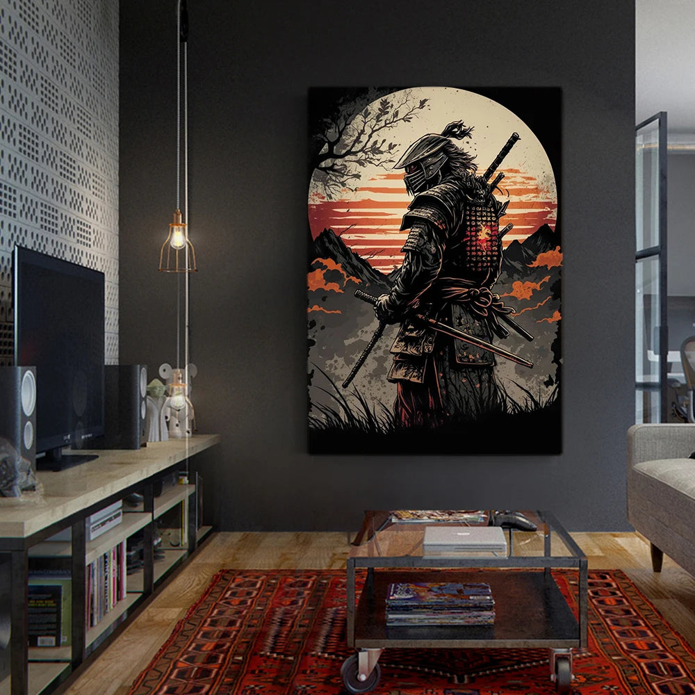 Japanese Black Samurai Sakura Warrior Posters