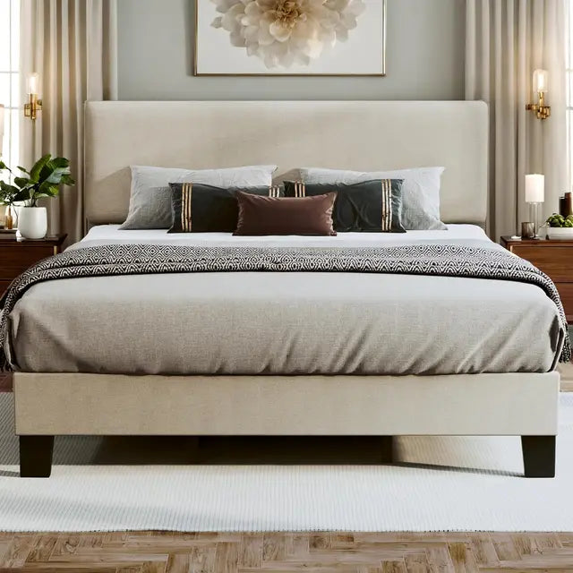 King Bed Frame, Upholstered Platform with Linen Fabric