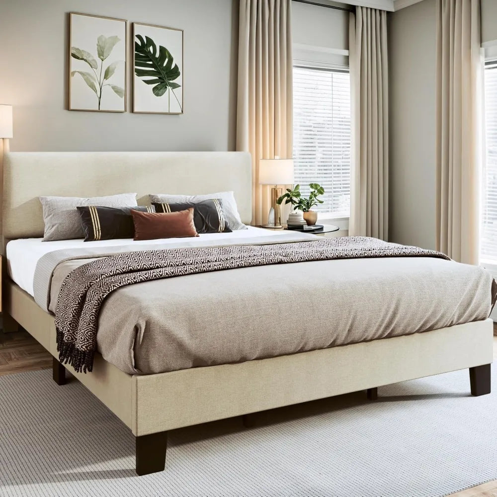 King Bed Frame, Upholstered Platform with Linen Fabric