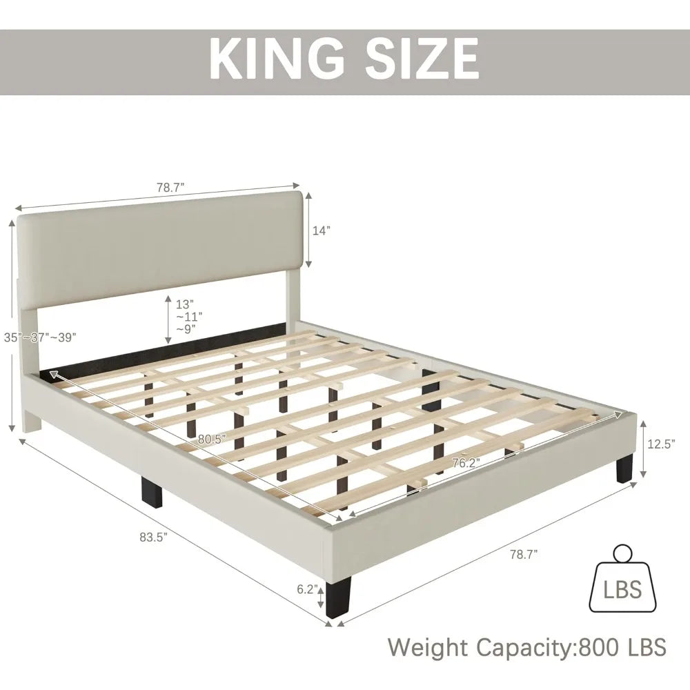 King Bed Frame, Upholstered Platform with Linen Fabric