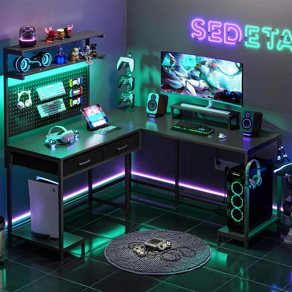 L Shaped Gaming Desk with LED Lights