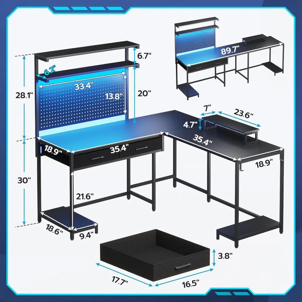 L Shaped Gaming Desk with LED Lights