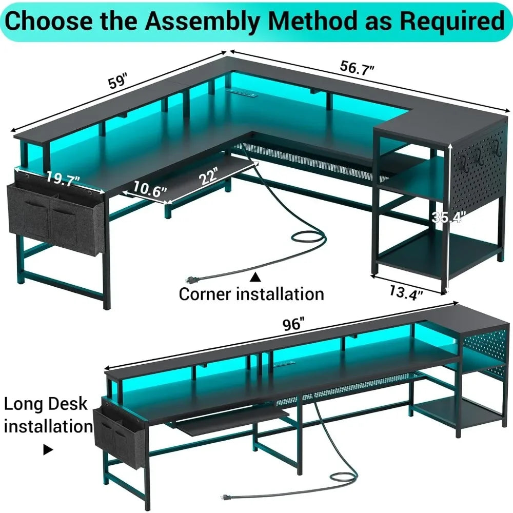 L-shaped Gaming/Work Table With LED Strip