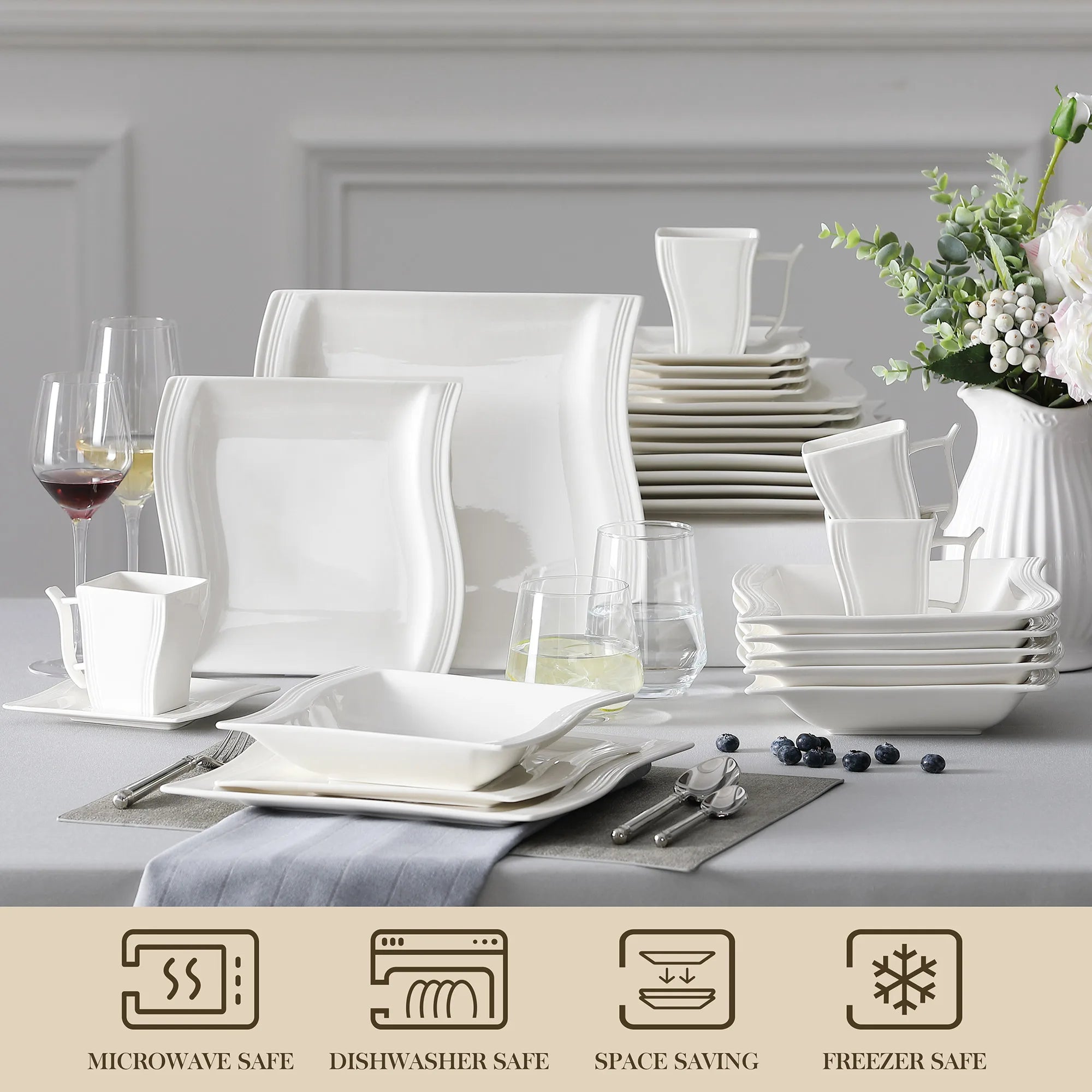 MALACASA FLORA 30/60 Piece White Porcelain Dinner Set