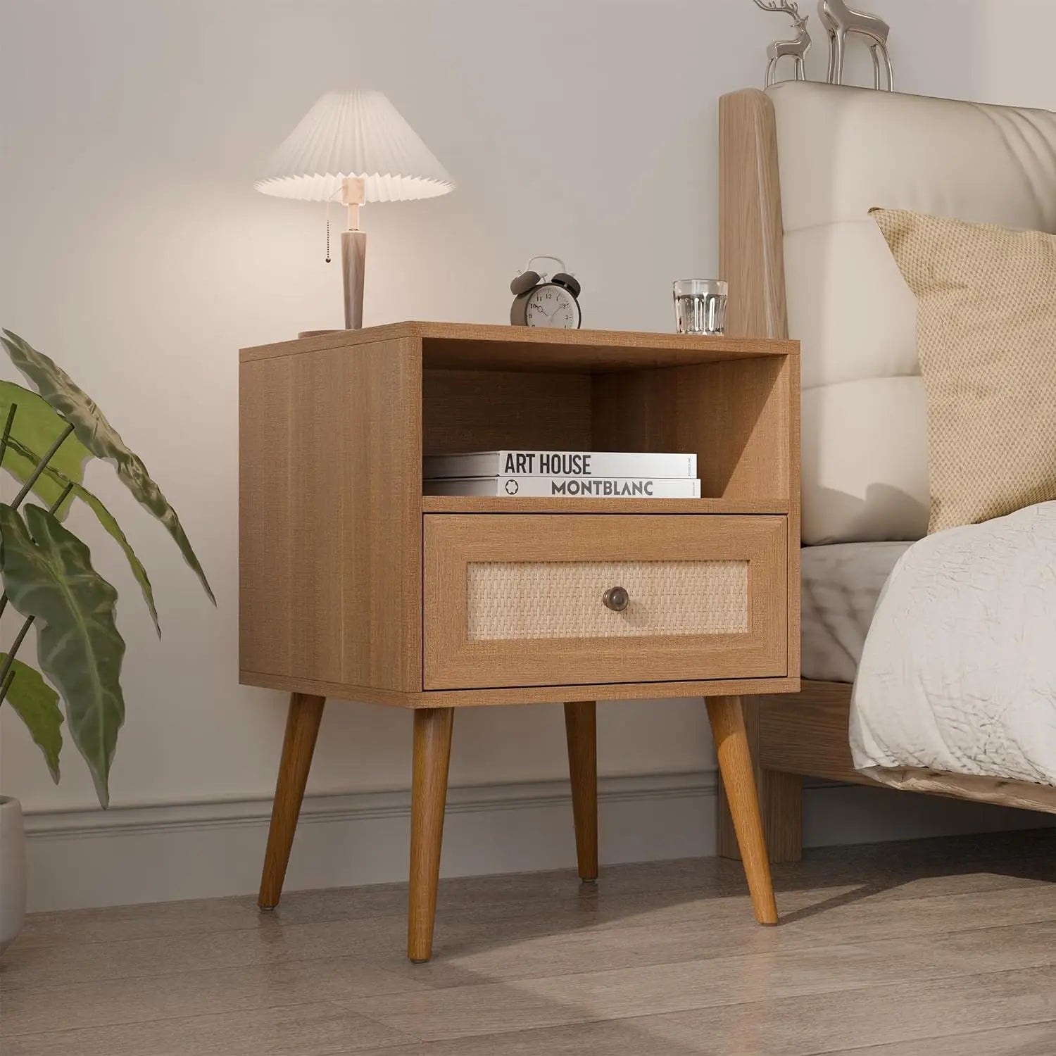 Nightstand Set of 2, Light Wood & Wicker Drawer