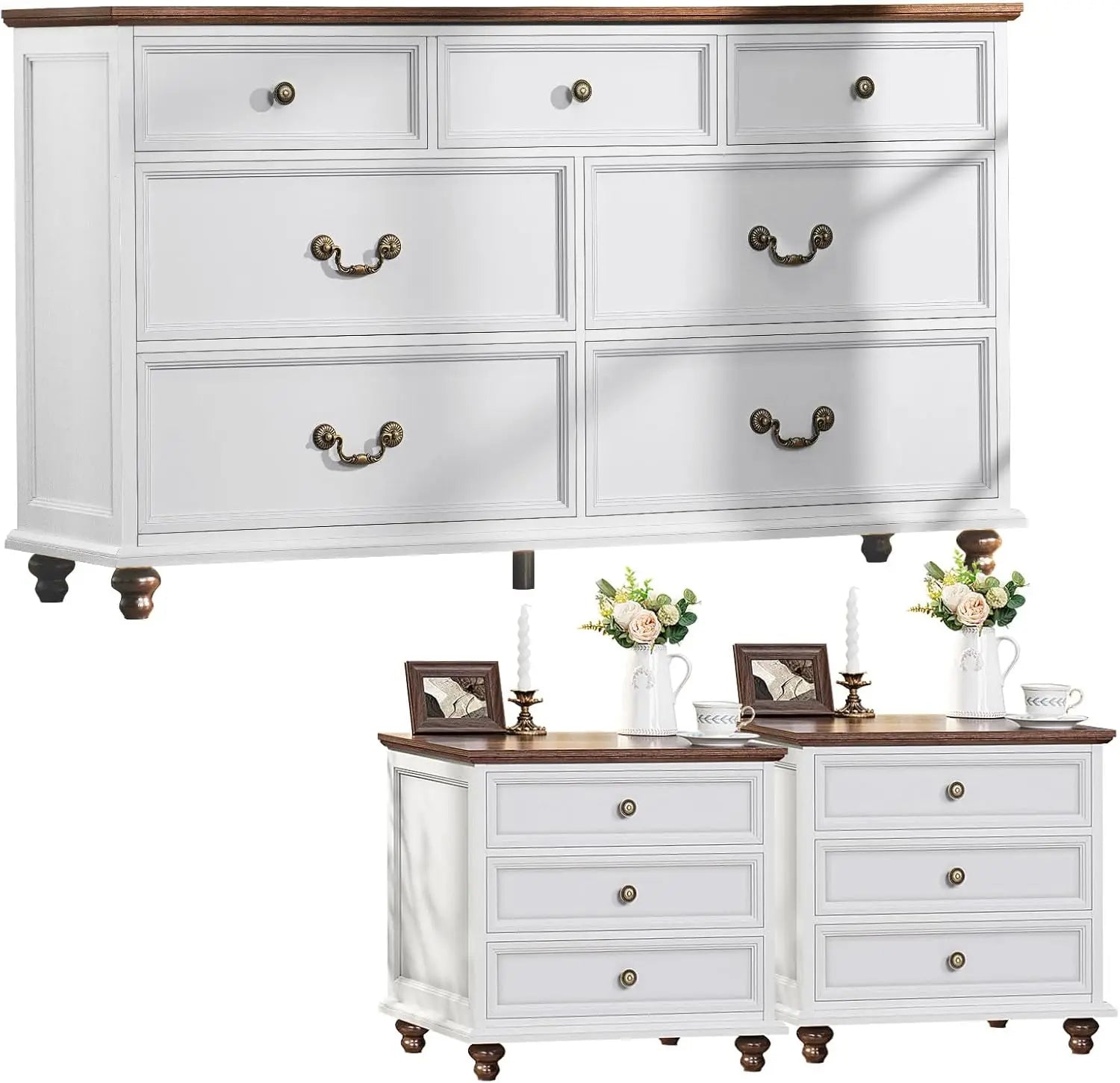 3 Piece Set Nightstand & 7 Drawers Dresser