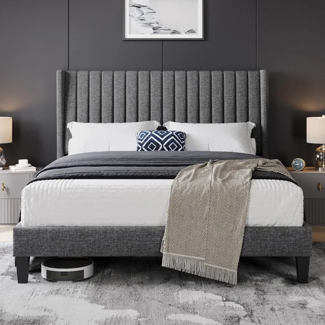 Luxury Upholstered Platform Bed Frame with Wing Edge Design