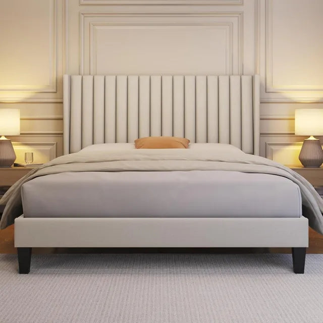 Luxury Upholstered Platform Bed Frame with Wing Edge Design