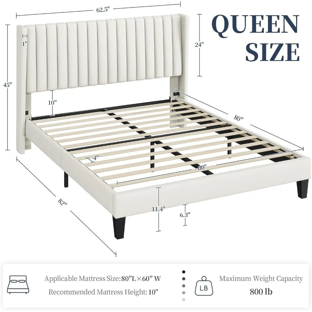 Luxury Upholstered Platform Bed Frame with Wing Edge Design