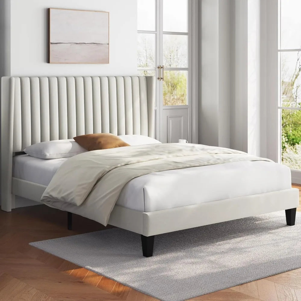 Luxury Upholstered Platform Bed Frame with Wing Edge Design