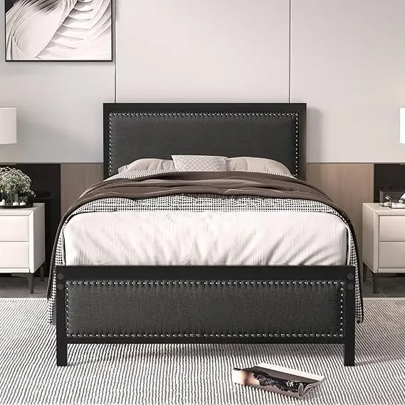 bed frame with linen headboard