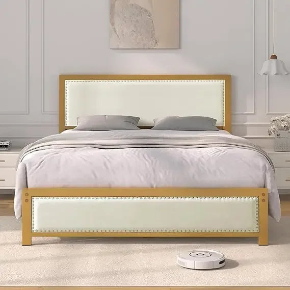 bed frame with linen headboard