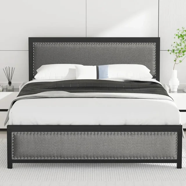 bed frame with linen headboard