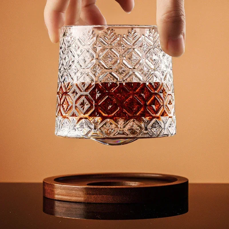 Rotating Whisky Glass Cup with Bamboo Coaster